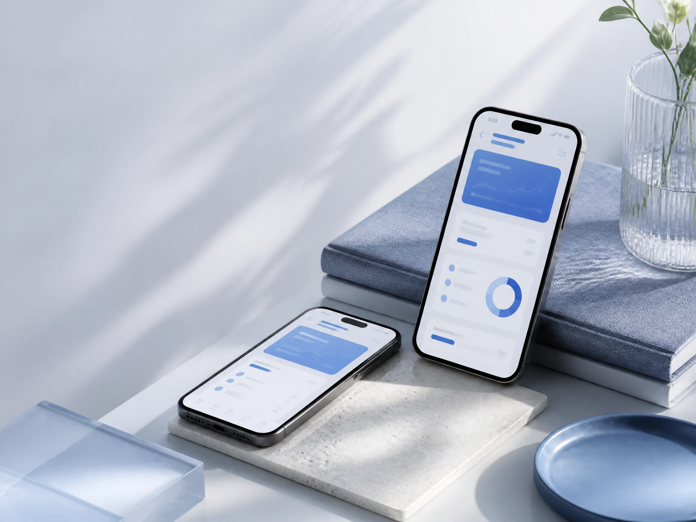 Deux smartphones présentant des interfaces d’application mobile dans un studio lumineux